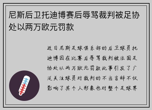 尼斯后卫托迪博赛后辱骂裁判被足协处以两万欧元罚款 尼斯后卫托迪博赛后辱骂裁判被足协处以两万欧元罚款